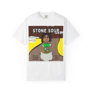 Colorful Storybook T-Shirt with 'Stone Soup' Design, Gift for Readers, Storytelling Apparel, Kids & Adults, Fun Literature Tee